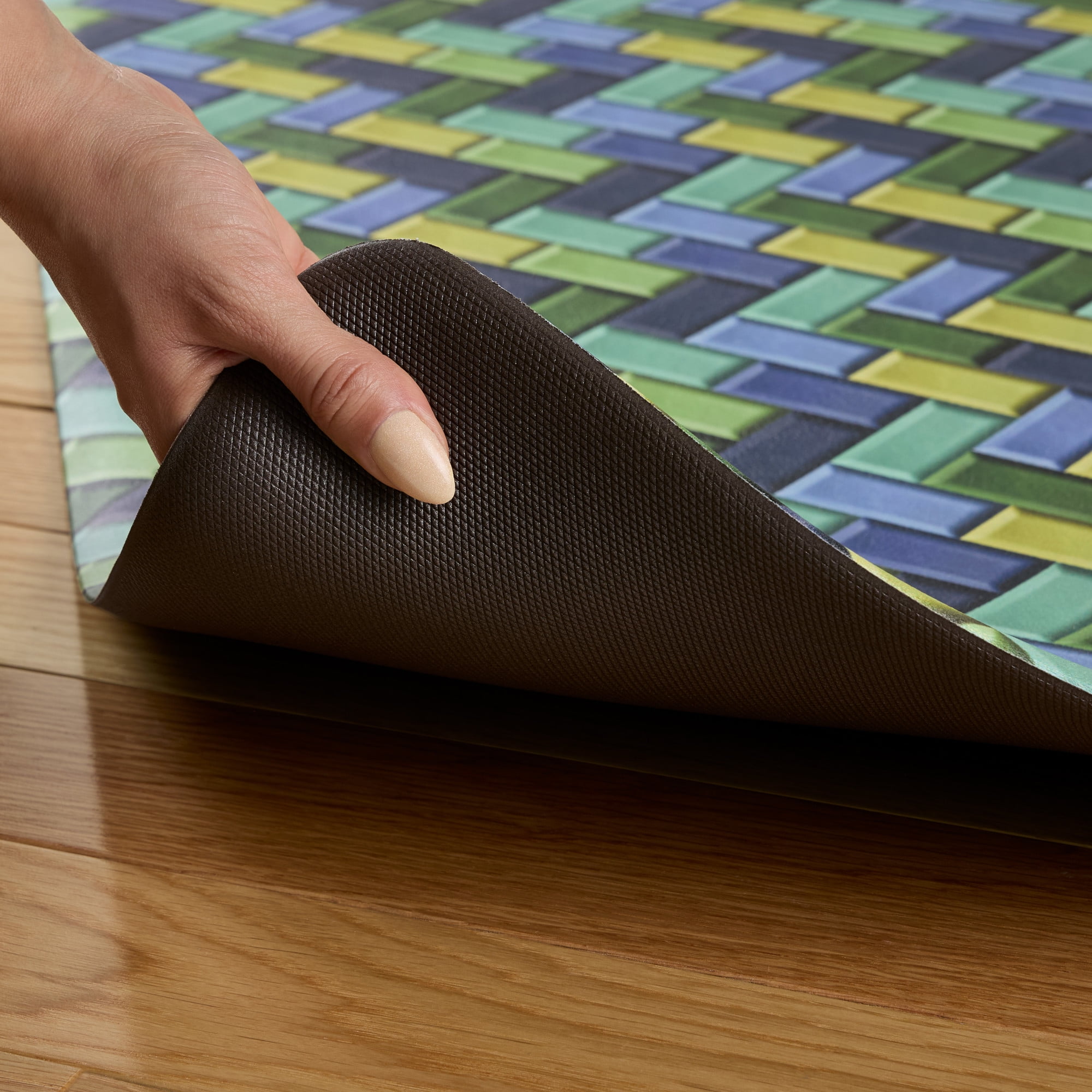 FIESTA Party Herringbone Tiles Modern Geo Anti-Fatigue Comfort Kitchen Mat, Non-Slip Floor Mat, Padded Standing Desk Mat, Blue/Green/Yellow, 20"x39"