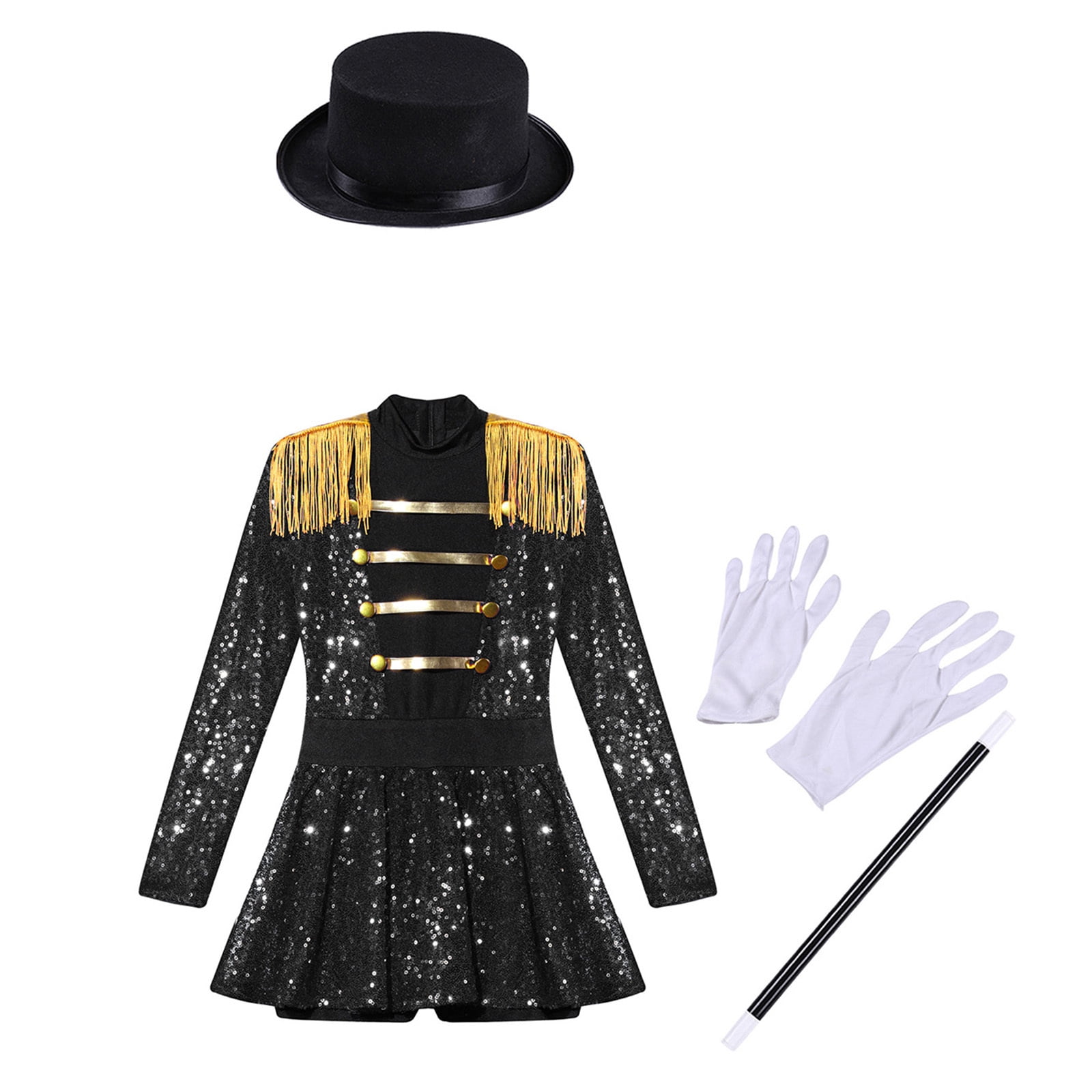 iiniim Girls Circus Ringmaster Jumpsuit Shiny Sequins Performance Leotard Dress Magician Outfits Black 10