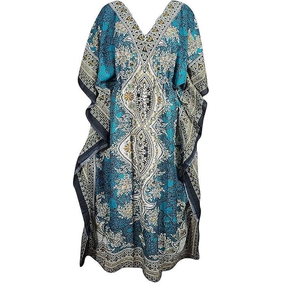 UNIQUE KAFTANS Floral Print Long Kaftan Maxi Dress – V-Neck Tunic, Plus Size Loungewear, Nightwear, Swimsuit Cover Up for Women