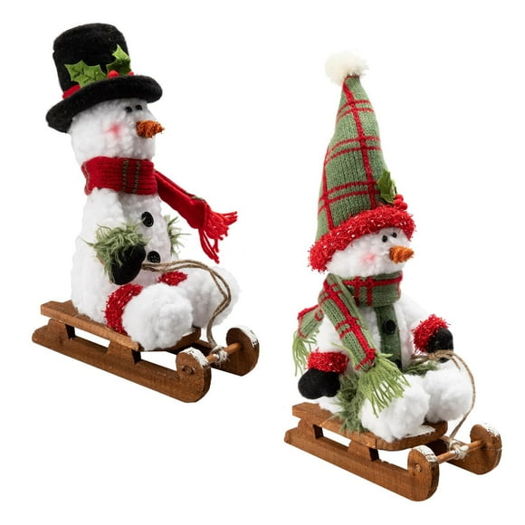 Lot de 2 bonhomme de neige en tissu sur traîneau en bois 25cm, un avec chapeau haut de forme, un avec chapeau de père noël, blanc/vert/rouge
