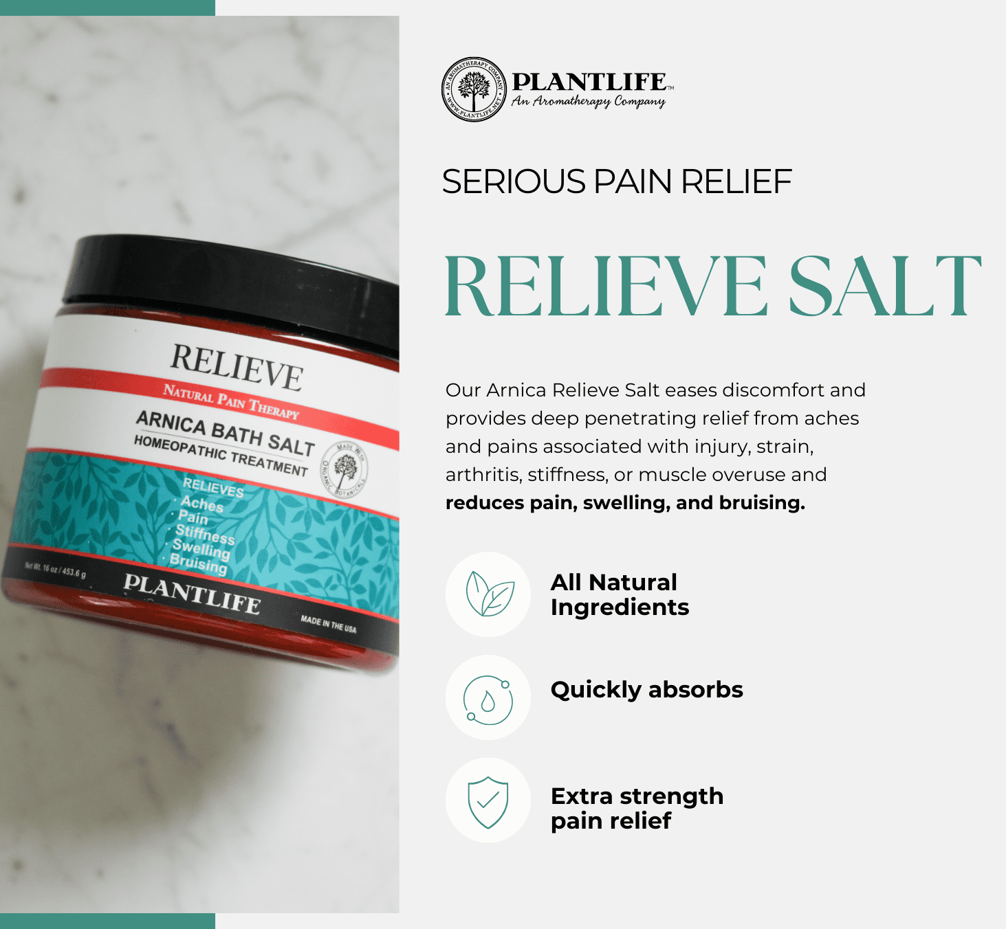 Plantlife Mineral Bath Salts for Pain Relief, Sore Muscles, Relaxing Soak with Arnica & Pure Essential Oils