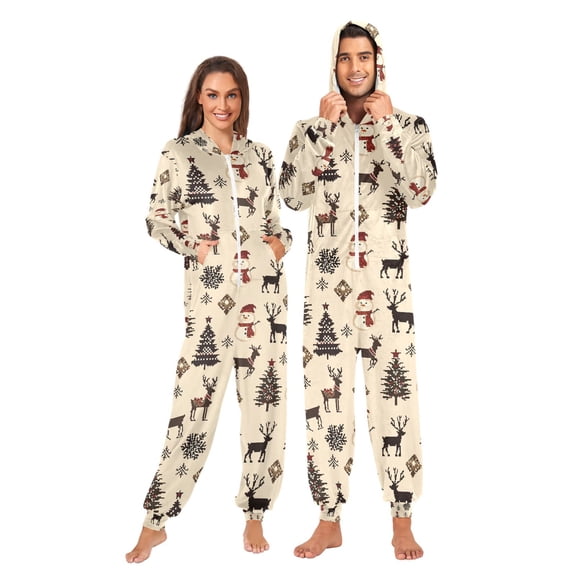 Adult Christmas Onesie Snowman and Deer Adult Zipper One-Piece Pajamas Unisex Pajamas with Pockets