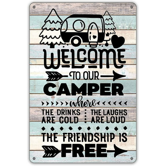 NICKSUN Funny Welcome to Our Camper Metal Tin Sign Wall Farmhouse Rustic Camping Signs for Home Garage Men Cave Decor Camper Gifts 8x12Inch