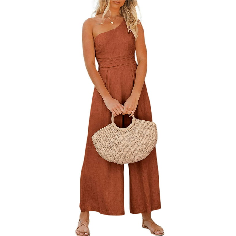 Women's Summer Straps One Shoulder Pleated High Waist Casual Wide