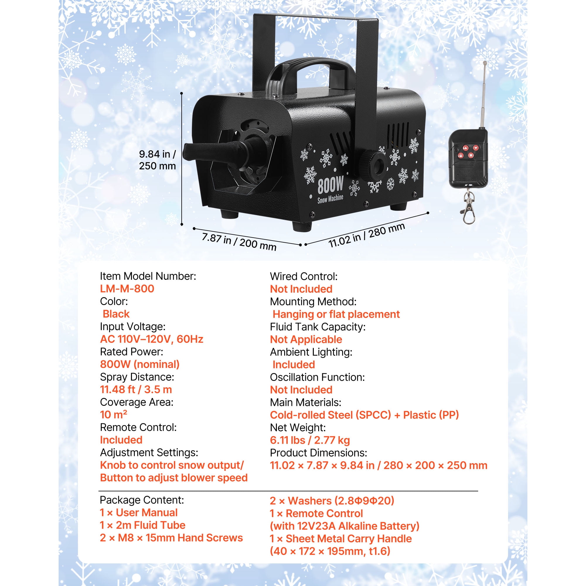 KFFKFF 800W Snow Machine with Remote Control, Portable Snowflake Maker with 1L Tank and Handle, Suitable for Indoor and Outdoor Events, Christmas Parties, and Stage Effects