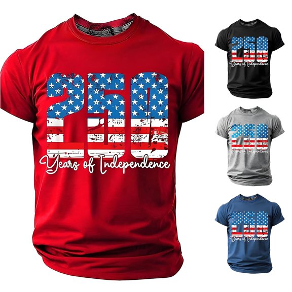 JAJAHO Independence Day T Shirts For Men Short Sleeve Crew Neck Tees Red White And Blue Top Celebrate America's 250Th Anniversary