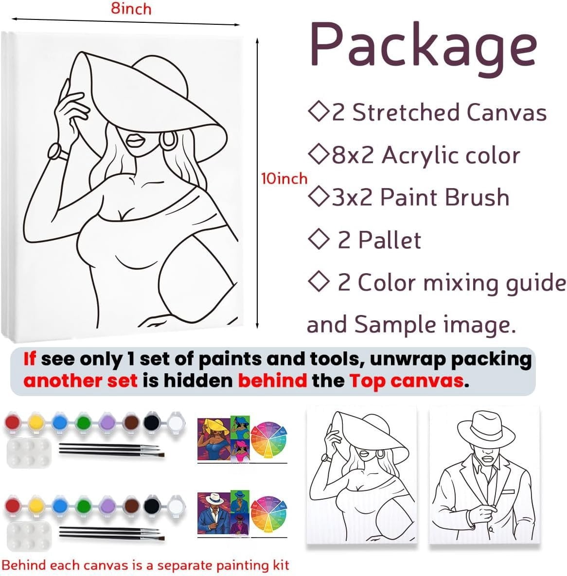 2 Pack  and Sip Canvas Painting Kit - 8x10 Pre Drawn Stretched Canvas for Adults - Couples , Date Night, Gentleman and Lady  Party, Anniversary, Valentines