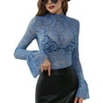 thumbnail image 3 of Hauts à Manches Cloche pour Femmes Blouse en Dentelle Ajourée Mode Fête Bleu P, 3 of 7