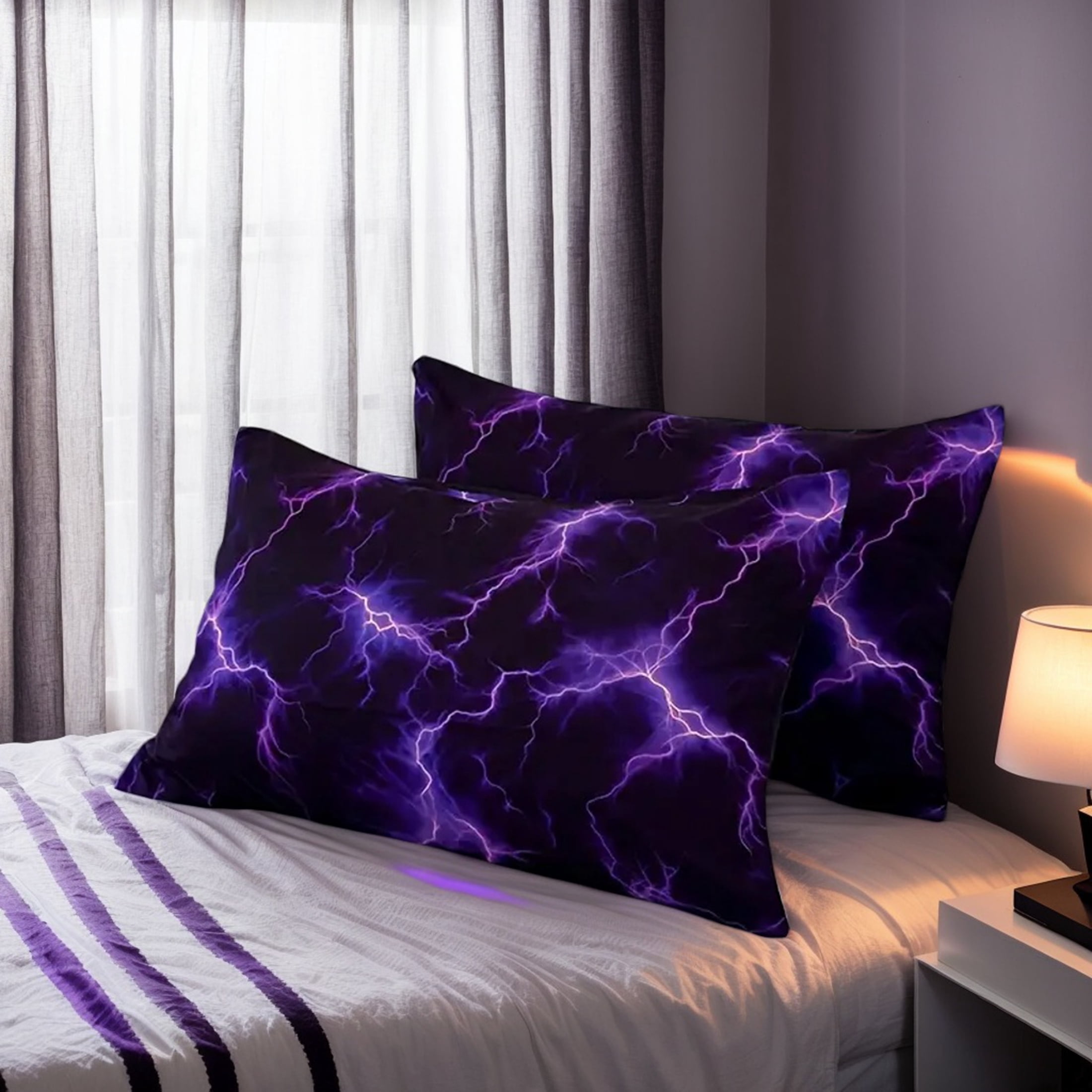 Orylavena Purple Lightning Microfiber Duvet Cover Set, Black Back, Twin