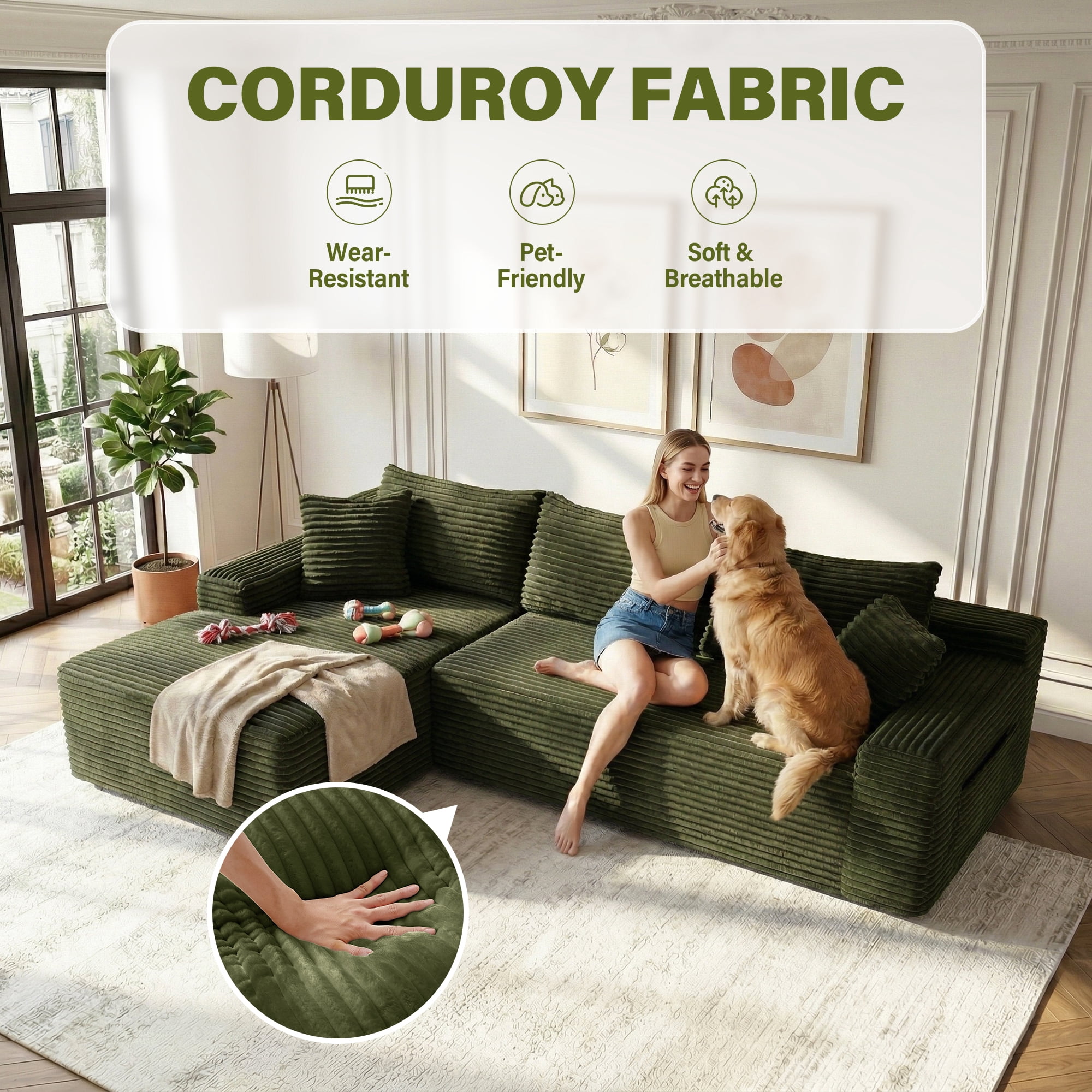 Aukfa 96" L-Shaped Cloud Sectional Sofa, Modular Boneless Couch with Deep Seat&Left-Facing Chaise for Living Room, Corduroy, Green