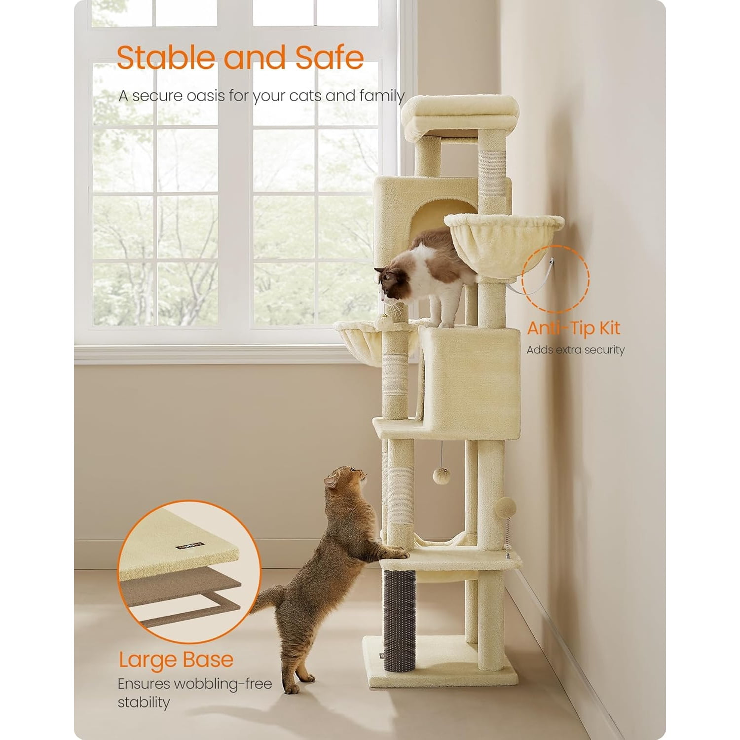 Cat Tree, 69-Inch Tall Cat Tower, Multi-Level Plush Condo with 2 Caves, 2 Baskets, 5 Scratching Posts, Self-Groomer, Perch, Hammock, Sand Beige