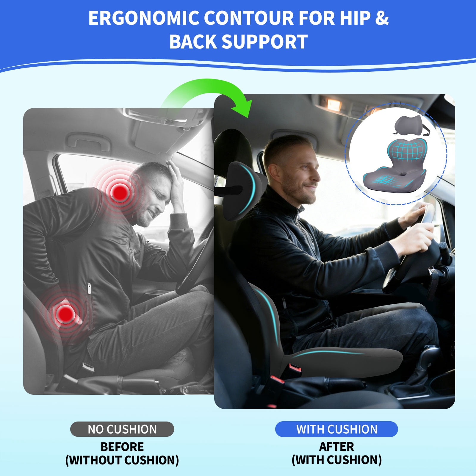 Nicecastle Ergonomic Seat Cushion with Lumbar Support Pillow, Memory Foam for Tailbone and Back Pain Relief - Comfort for Car, Office Chair, Truck Driving - Non-Slip Washable for All Day Sitting