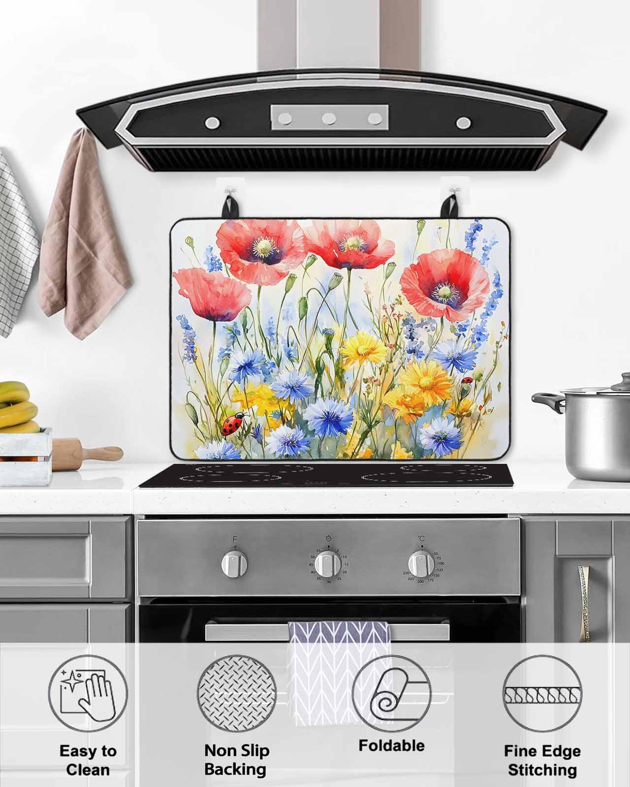 nqOlkjepod Large Induction Cooktop Protector Mat 24"x21", Blue Flower Stove Top Covers for Electric Stove, Patriotic Red Poppy Floral Daisy Wildflower Stove Burner Cover Mats, Glass Top Stove Cover