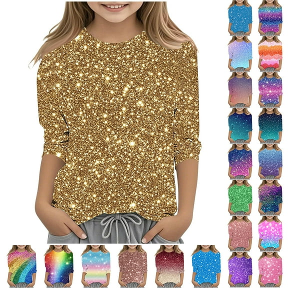 JTSRKL Kids Girls Summer Sparkly Tops Dressy Casual Summer 3/4 Sleeve Round Neck Graphic Tunic Blouse Trendy Soft Cotton Outfit Glitter Tees Shirt Multicolor#01 4-5 Years