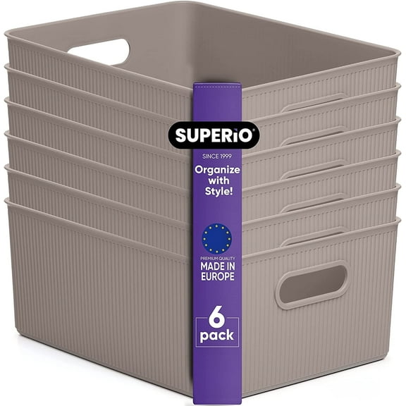 Superio 15L Medium Ribbed Plastic Storage Bins, 6 Count, Taupe