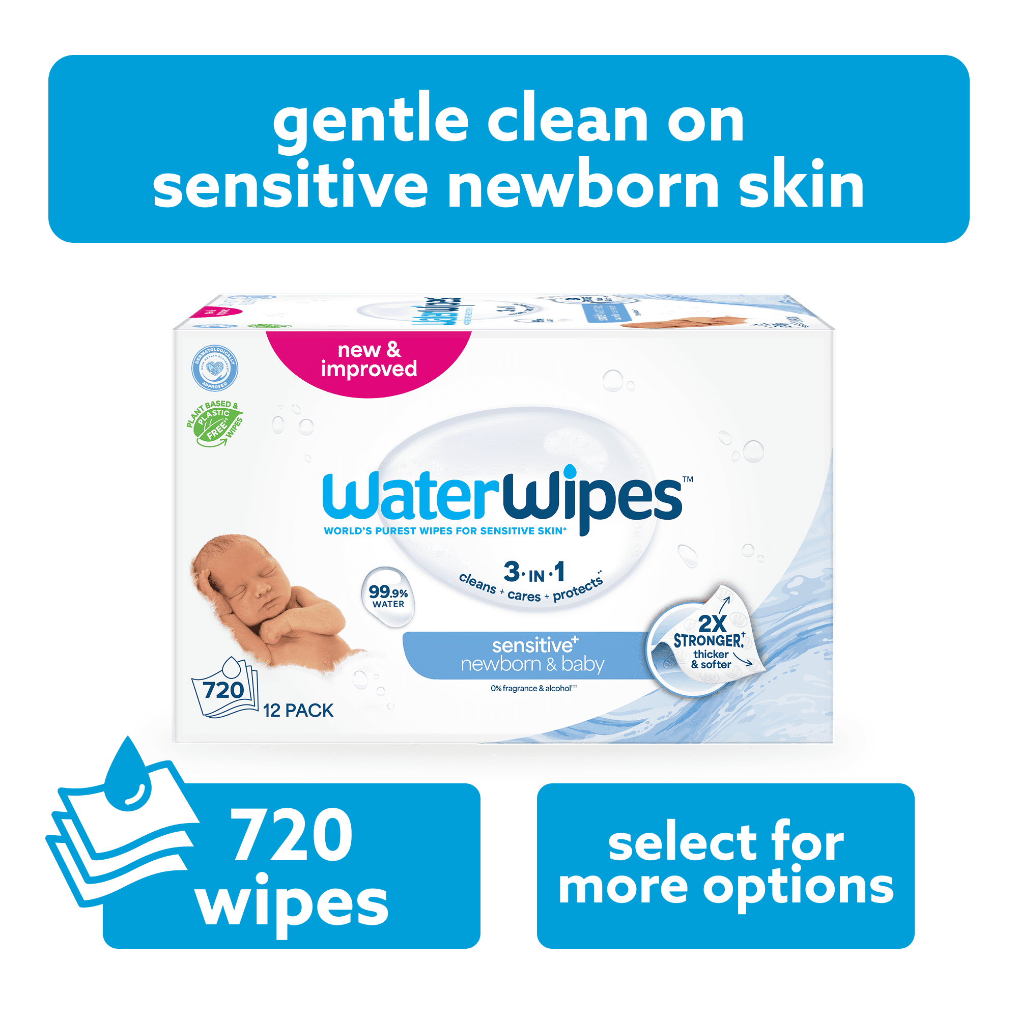 WaterWipes Sensitive+ Newborn & Baby Wipes, 3-In-1 Cleans, Cares, Protects, 99.9% Water, Unscented & Hypoallergenic, 720 Count (12 Packs)
