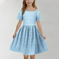thumbnail image 4 of BRGZLK Girls Summer Dress Trendy Solid Color Ruffle Sleeve Round Neck Tiered A-Line Dress Casual Tie Back Princess Dress Light Blue 9-10 years, 4 of 6