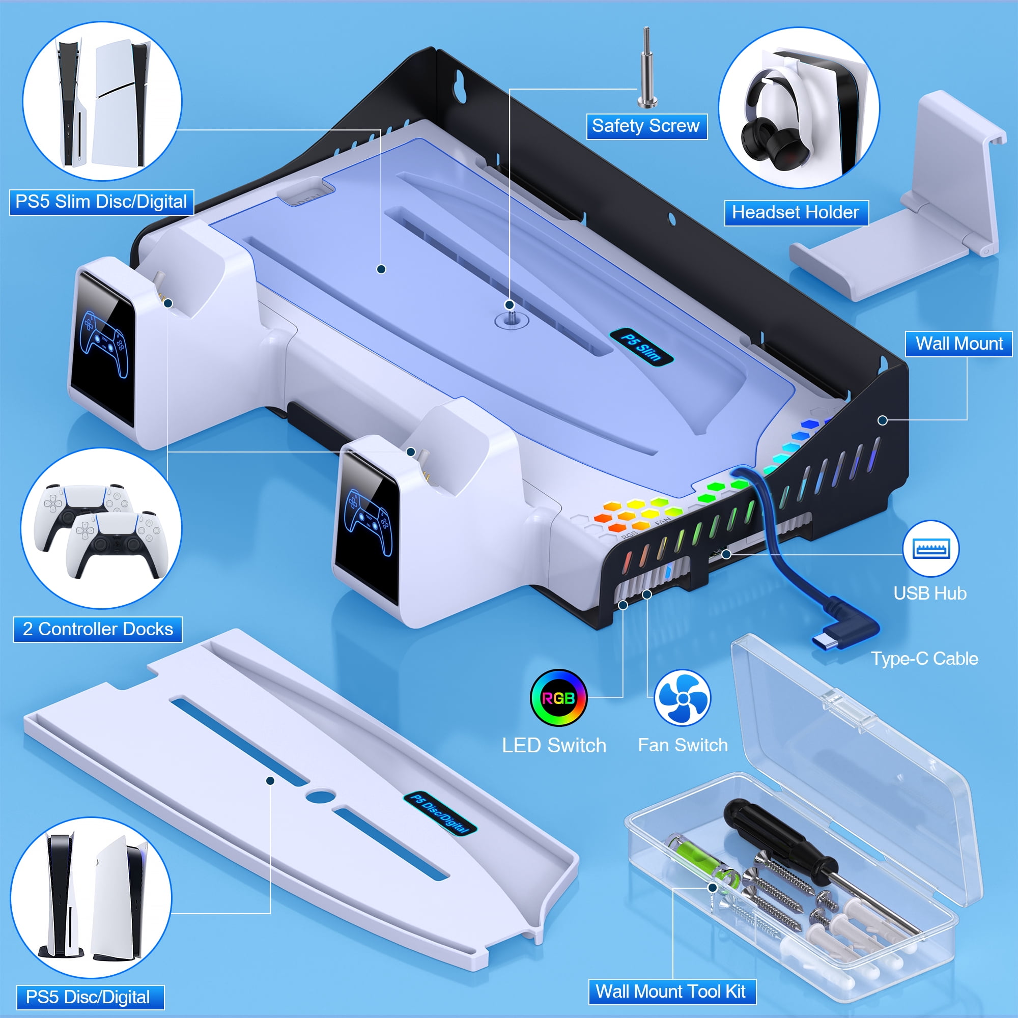 PS5 Silm Stand with Cooling Fan for 2020 Playstation 5 Disc/Digital Console/PS5 Silm,PS5 Accessories with Dual Charger Station