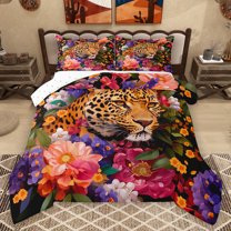 Homewish Jungle Wildlife Cheetah Full Size Comforter Sets,Retro Rustic Flower Bedding Comforter Set,Pink Orange Purple Bedding Sets For Teens,Ultra Soft Home Decor Reversible,3-Piece