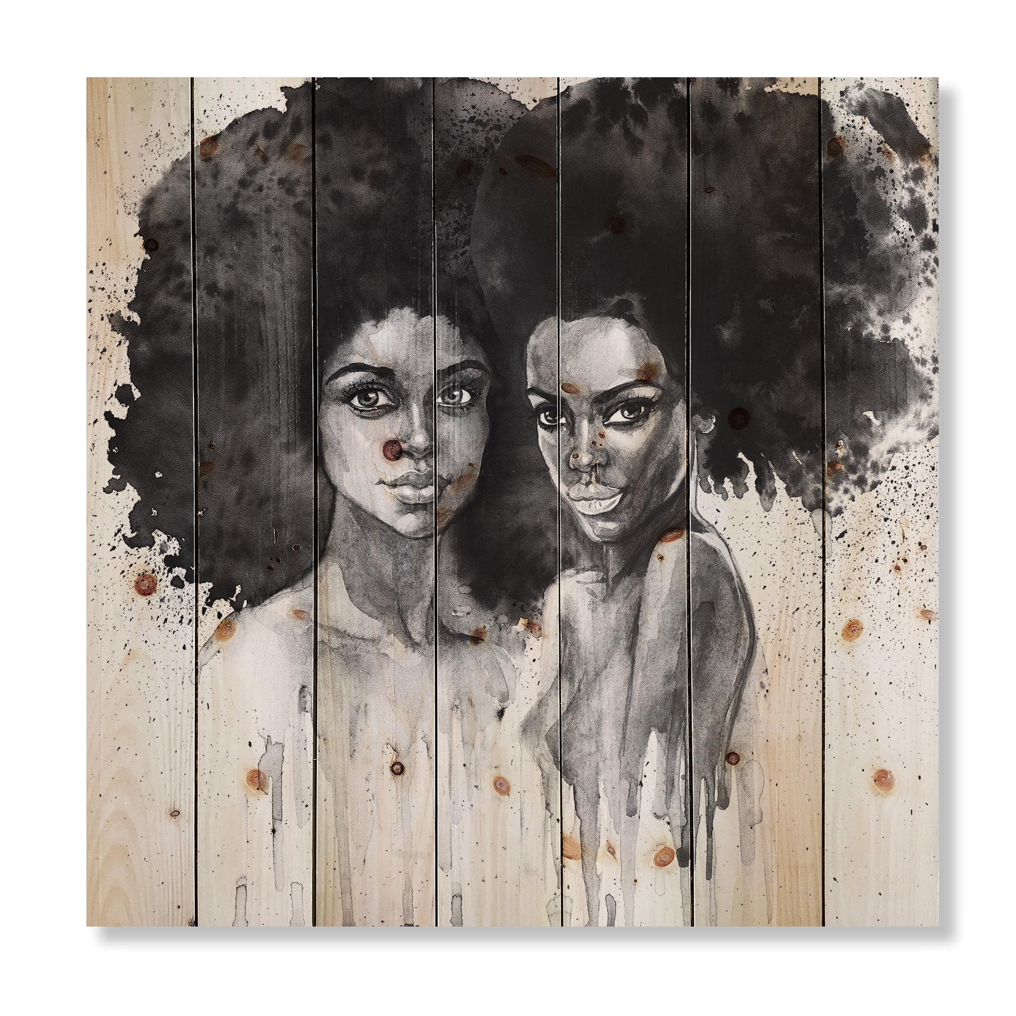 Designart 'Portrait of Afro American Woman XI' Modern Print on Natural Pine Wood