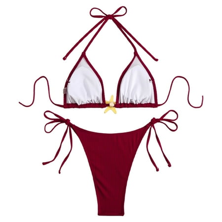 JIANJIA Womens Swimsuits Solid Color Sexy Lace Up Halter Backless Brassiere With Thongs Swimsuit Two Piece Bikinis Swimwears Holiday Wear Red S