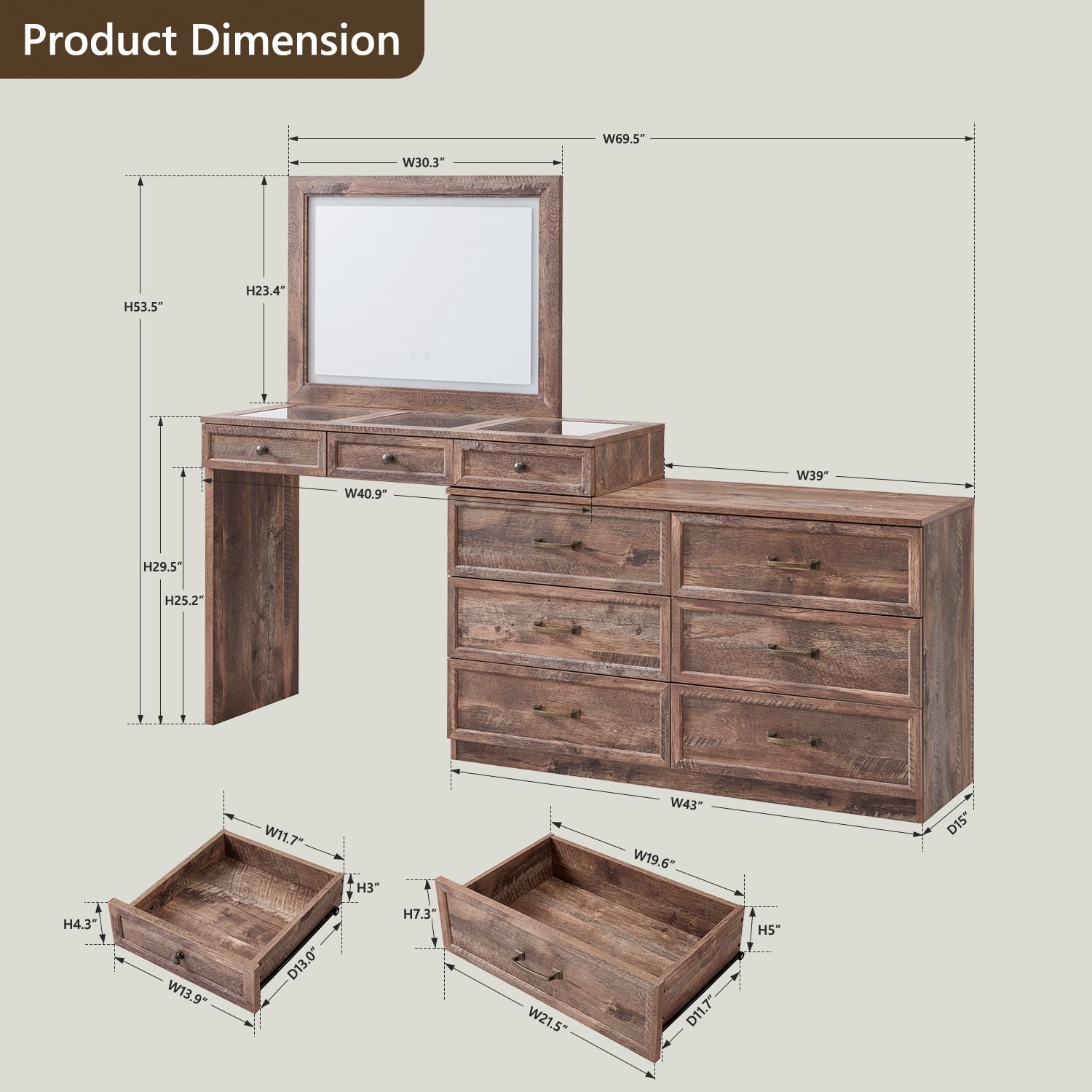 Farmhouse Vanity Desk with Glass Top, Corner Makeup Vanity Set with 30" HD Led Mirror and 3 Color Available Lights, 9 Storage Drawers, Wood Vanity Table for Bedroom
