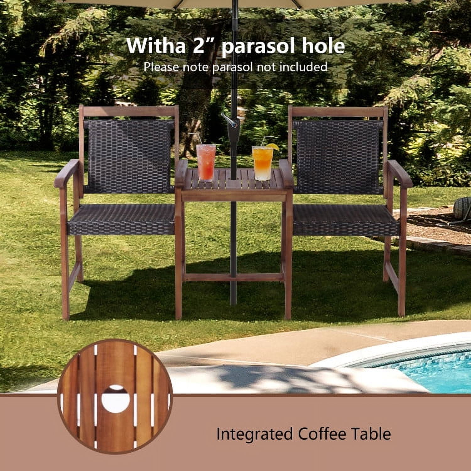 Aimee Lii 2-Seat Patio Rattan Acacia Wood Chair with Coffee Table, Modern Patio Furniture Aimee Lii 2-Seat Patio Rattan Acacia Wood Chair with Coffee Table, Modern Patio Furniture