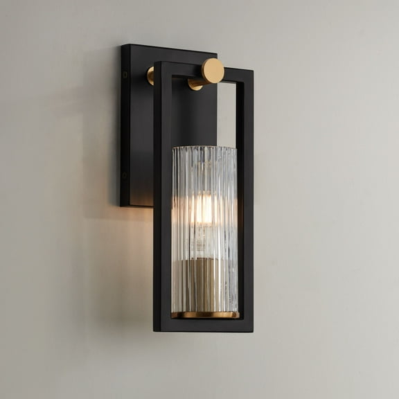 Stiffel Ramos Industrial Modern Wall Light Sconce Black Brass Hardwire 4 1/2" Fixture Clear Ribbed Glass Shade for Bedroom Bathroom Vanity Reading