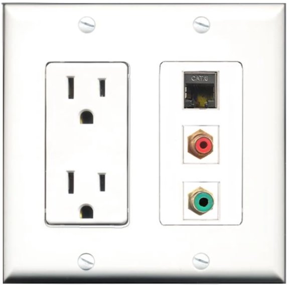 RiteAV - 15 Amp Power Outlet 1 Port RCA Red 1 Port RCA Green 1 Port Shielded Cat6 Ethernet Ethernet Decorative Wall Plate