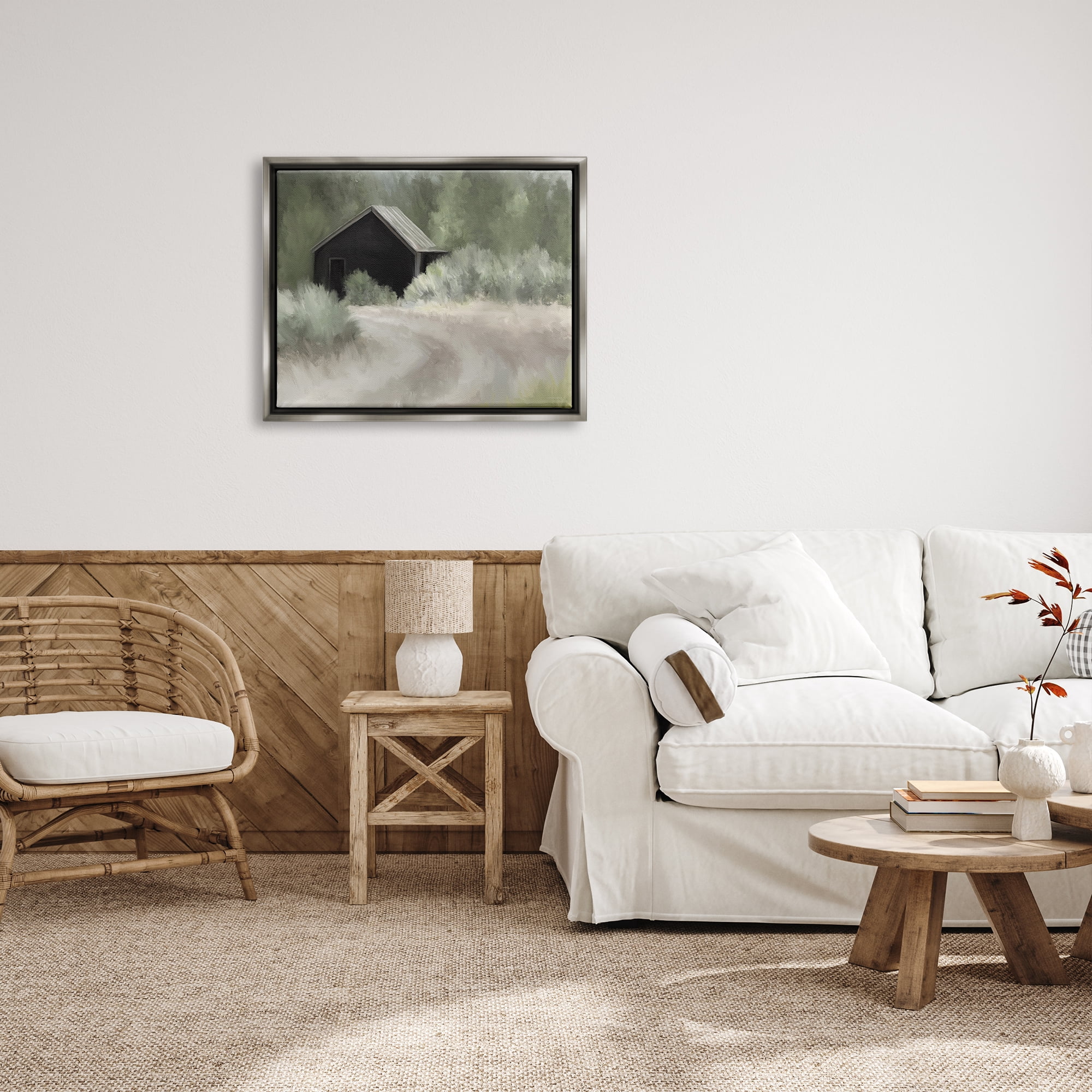 Stupell Rural Cabin Countryside Trail Landscape Painting Gray Floater Framed Art Print Wall Art