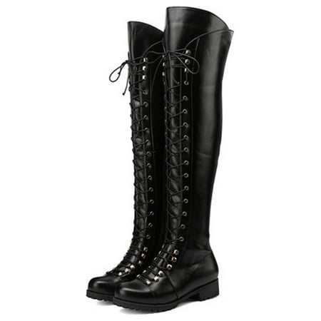 

GENILU Women Non Slip Combat Thigh High Boot Tall Over The Knee Boots Party Lace Up Winter Shoes Black 8
