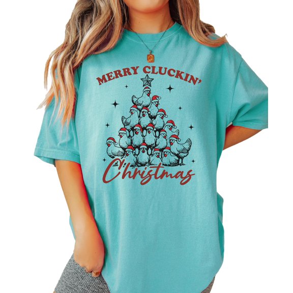 Merry Cluckin' Christmas Shirt for Women and Teens Funny Chicken Christmas Tree Tee Seafoam Shirt Adult X-Large