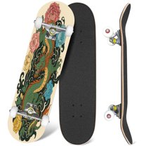 31'' Complete Skateboard 7 Layer Canadian Maple Double Kick Deck Skateboards Japanese old dragon tattoo for arm Hand drawn Dragon peony flower Skate Board for Beginner Adult Gifts