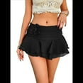 thumbnail image 3 of Women's Mini Skirt Mesh Flowy Hem Y2K Skirts Multi-Layer Ruffle Trim Skort Black L, 3 of 9