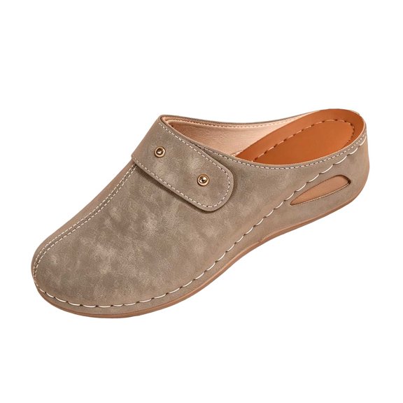 CYMMPU Women's Strap Decor Closed Toe Wedge Mules, Round Toe Slip On Breathable Backless Clogs, Outdoor Casual Footwear Khaki 36
