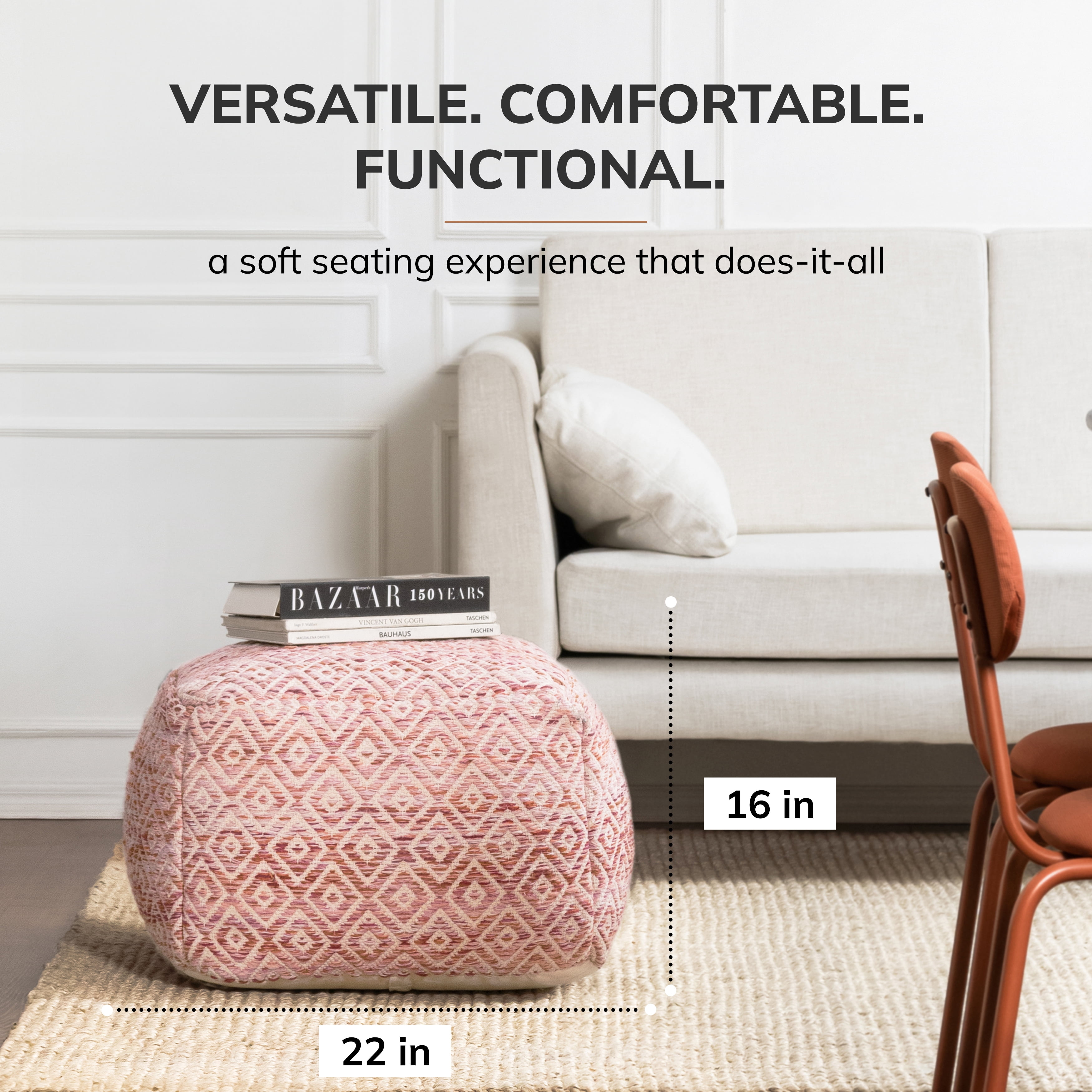 Chero Distressed Diamond 22" Square Pouf Ottoman Ivory and Pink
