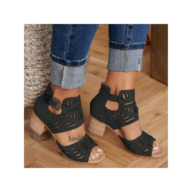 LUXUR Sandales Habillées à Talon Bloc Bas pour Femmes, Mode, à Boucle, Noires, 11