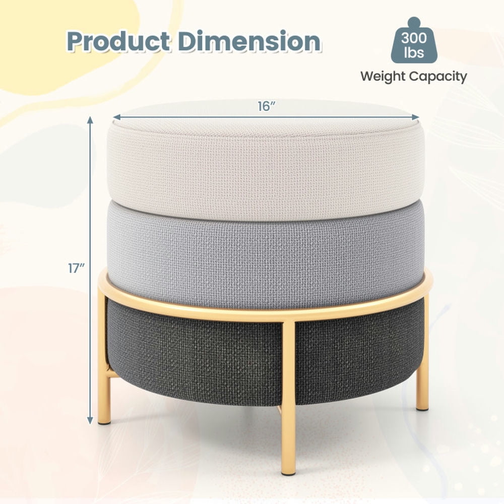 Finihen Ottoman, Foot Stool, Upholstered Round Ottoman, Upholstered Linen Fabric Ottoman with Gold Metal Legs and Anti-slip Foot Pads, for Living Room, Bedroom, Makeup Room, Gray Finihen Ottoman, Foot Stool, Upholstered Round Ottoman, Upholstered Linen Fabric Ottoman with Gold Metal Legs and Anti-slip Foot Pads, for Living Room, Bedroom, Makeup Room, Gray