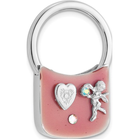 Fashion 1928 Silver-Tone Angel With Crystals Pink Enamel Key Fob Made In United States gm3749