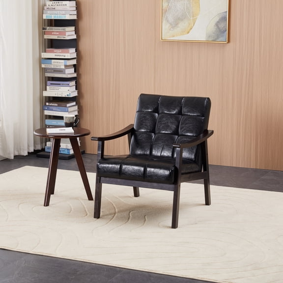 Dtwnek Modern High Back Armchair with Wood Frame, Upholstered PU Leather Reading Chair for Living Room, Bedroom, Office, Black