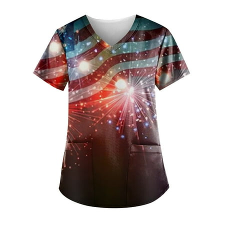

XHJUN Scrub Tops Women Stretchy Plus Size Short Sleeve American Flag Working Uniform with Pocket Stretch Casual V-Neck Summer Holiday Workwear Black XXXL