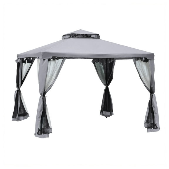 9.6' x 9.6' Patio Gazebo, Outdoor Canopy Shelter with 2-Tier Roof and Netting, Steel Frame for Garden, Lawn, Backyard, and Deck, Gray
