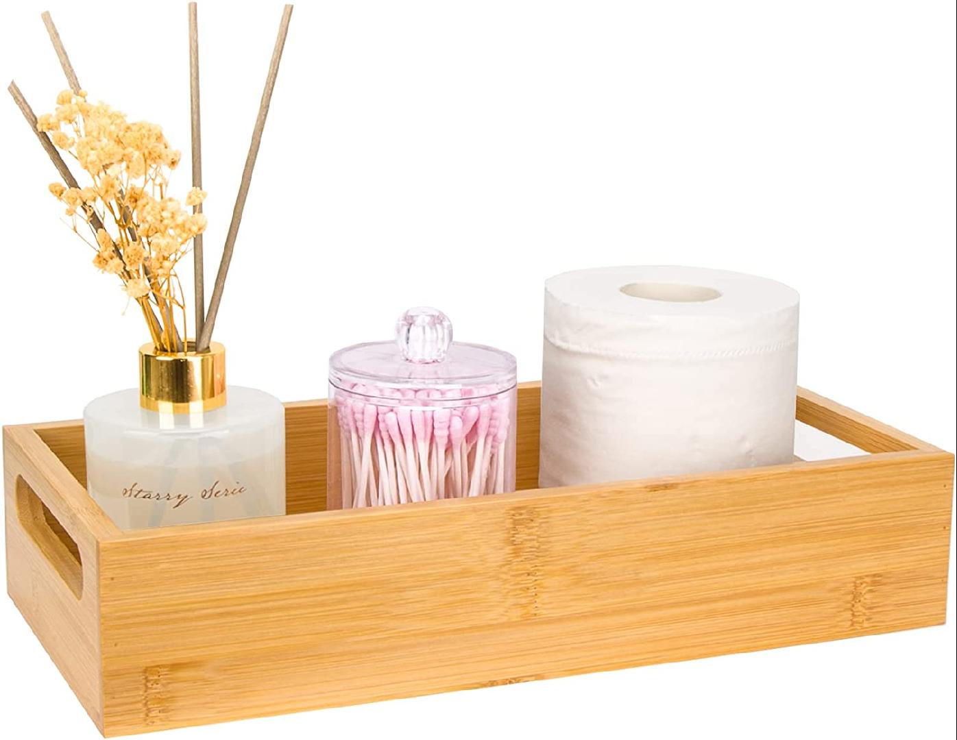 Farmhouse Bamboo Vanity Tray, Bathroom Counter Tray with Handles and