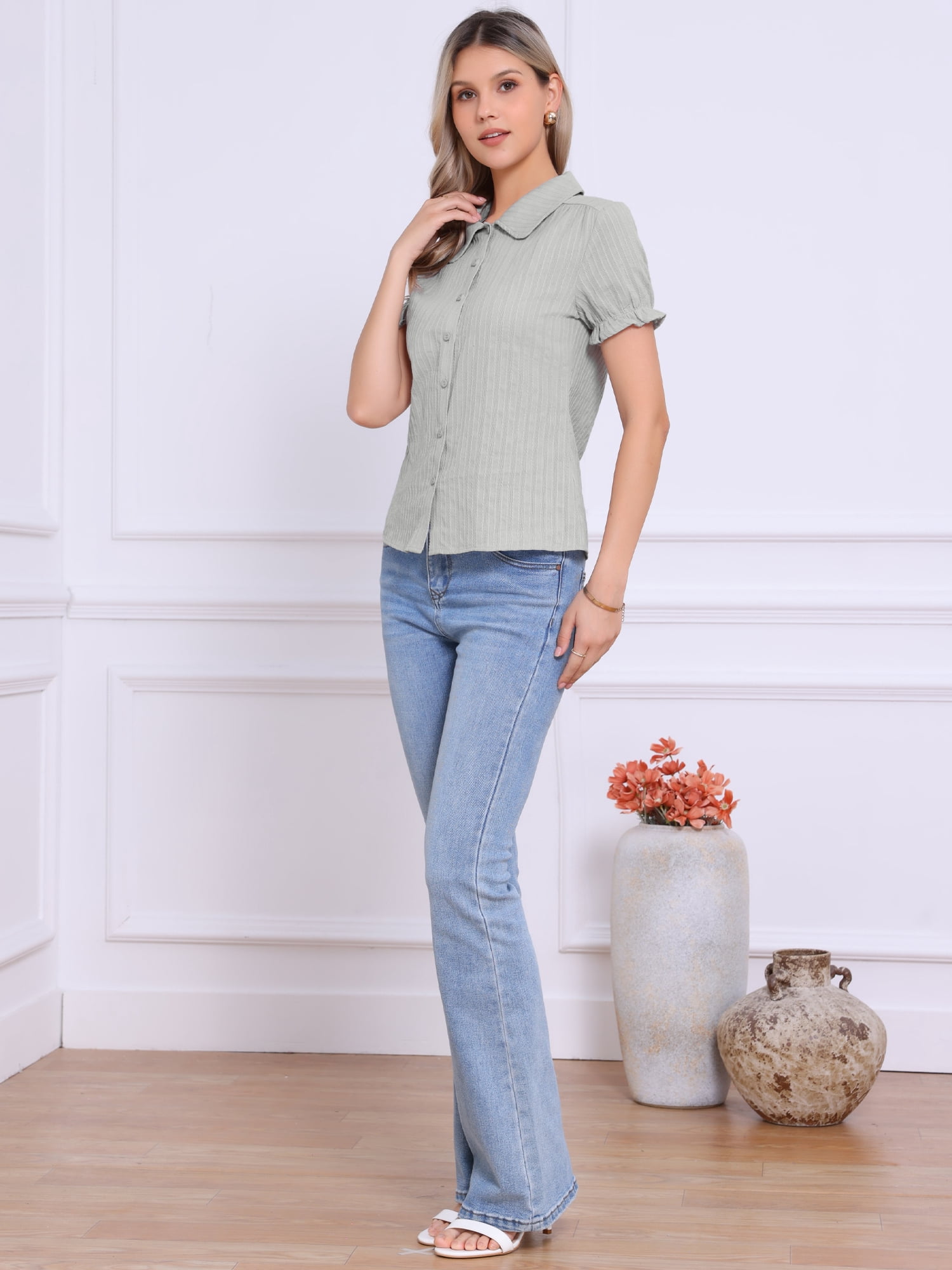 DARING DIVA Women's Collar Shirt Cotton Short Sleeve Button Down Shirt L Light Gray