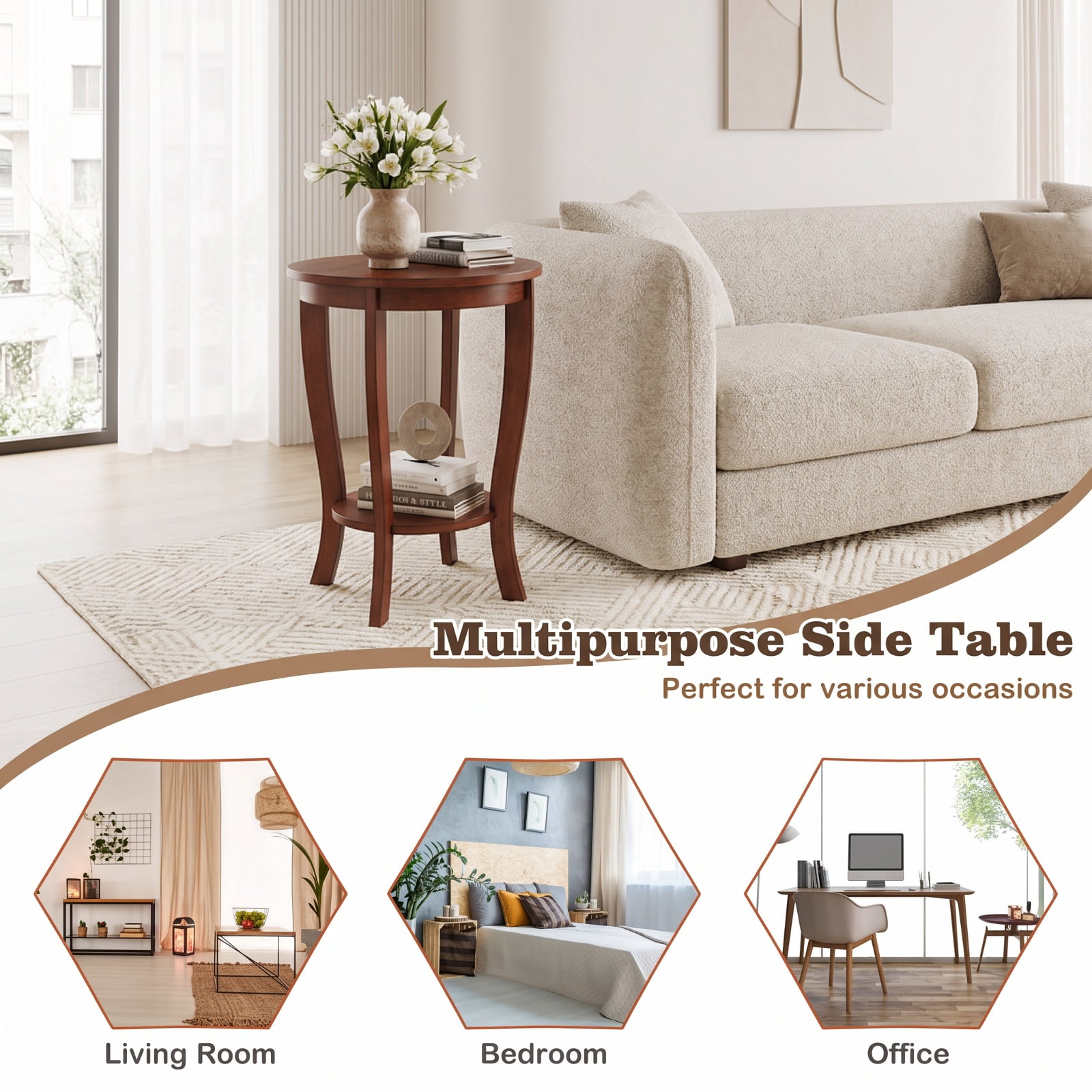 Furnibear 2 Tier Round End Table with Solid Rubber Wood Legs and Lower Storage Shelf for Living Room Bedroom and Small Spaces, Brown