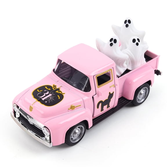 Mini Pink Halloween Truck Decoration with Ghost – Cute Resin Decor, Vintage Farmhouse Truck Tabletop Decor for Halloween, Fall, Tiered Tray