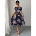 thumbnail image 4 of Navy Blue Floral Pleated Midi Dress With Short Sleeve Crew Neck And Tie Waist, 4 of 6