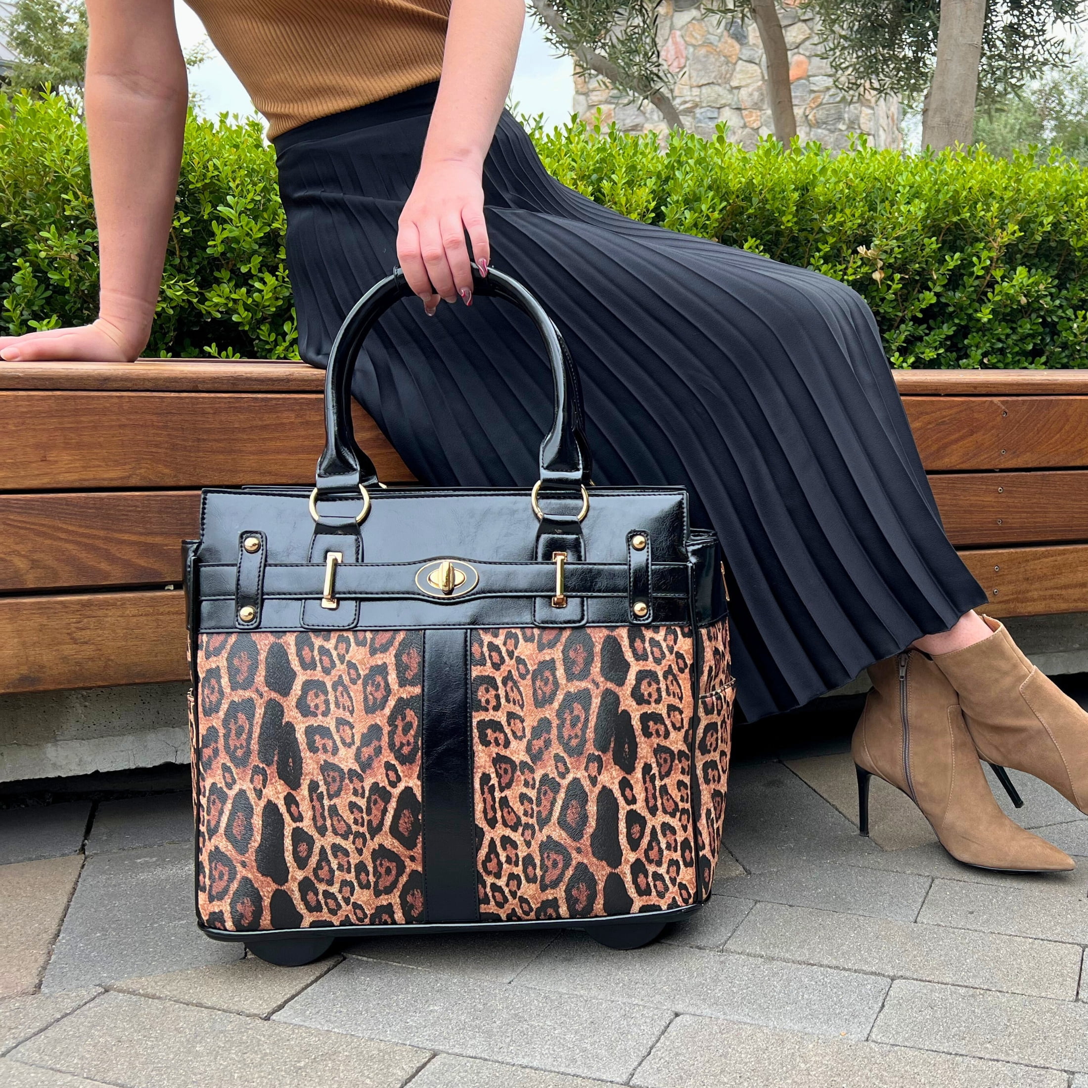 London Leopard Rolling Laptop Bag for Women Computer Case | Fits 13"-17" Laptop | Stylish Business Briefcase for Ladies