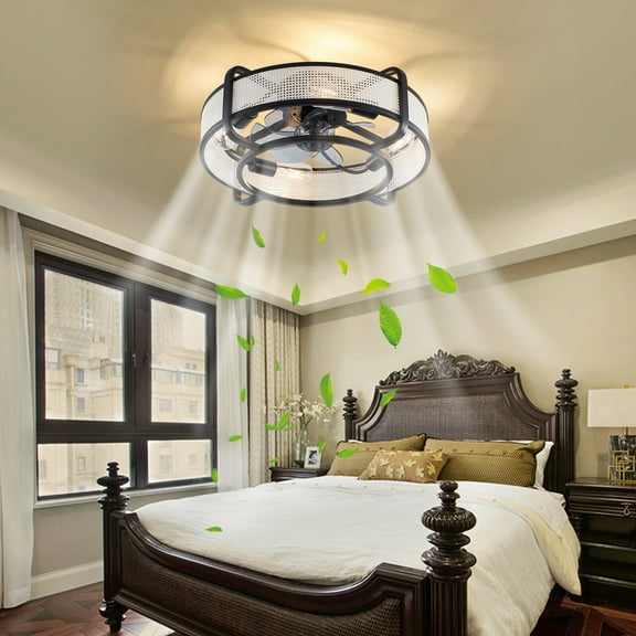 Ceiling Mount Industrial Style Ceiling Fan Light Black Caged Farmhouse Chandelier Lamp Fixture (White Black)  Remote