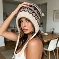 thumbnail image 6 of Zylanna Women's Knitted Earflap Beanie, Drawstring Oversized Warm Heavyweight Stretchy Jacquard Pattern Slouchy Winter Ski Hat for Cold Weather Beige, 6 of 8
